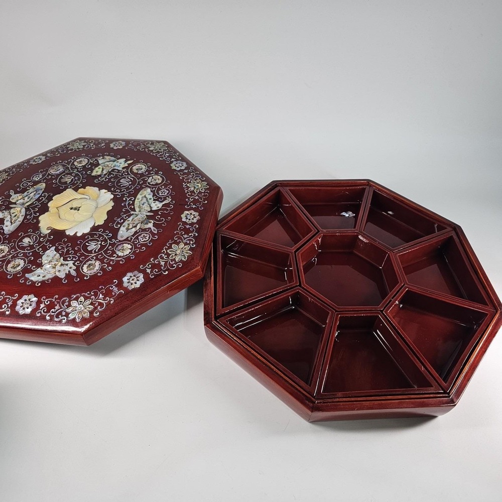Antique China Mother of Pearl Inlay Lacquer Wooden Octagon Jewelry Bento Box